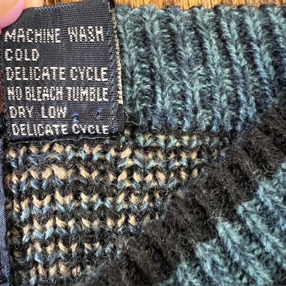 VTG 90s Atlantic Traders Knit Geometric Sweater Mens L Leather Trim Blue Tan - Picture 7 of 7